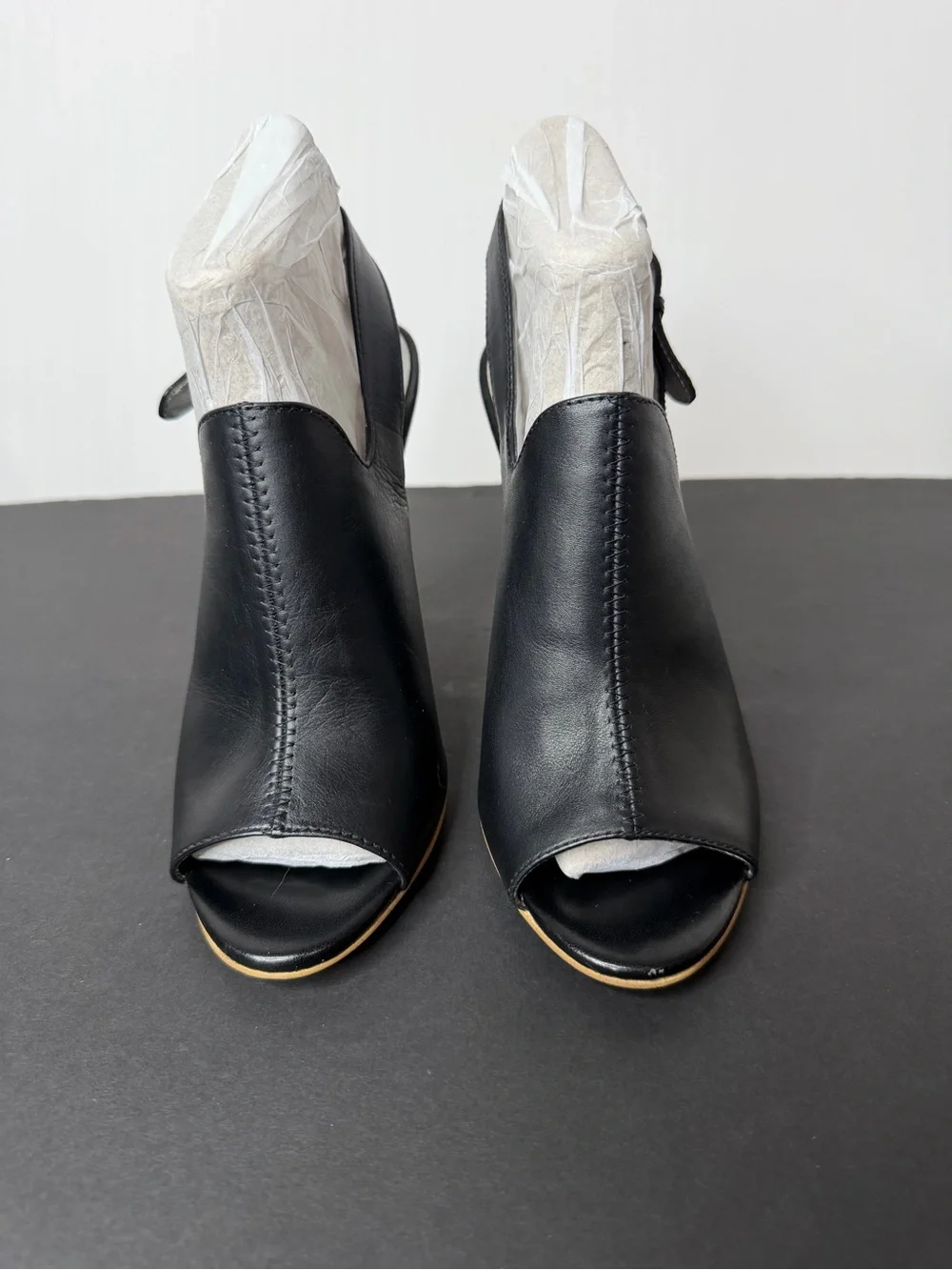 Nine West Black Leather Open-Wedge Slide Sandals with Clear Heel